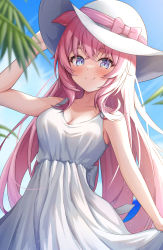 Rule 34 | 1girl, absurdres, animal ears, bare arms, blue eyes, blue sky, blush, bow, breasts, cleavage, closed mouth, collarbone, crossed bangs, dress, hakui koyori, hand on headwear, hat, hat bow, highres, hololive, large breasts, long hair, looking at viewer, pink bow, pink hair, sidelocks, sky, sleeveless, sleeveless dress, smile, solo, suicabar72, sun hat, sundress, virtual youtuber, white dress, white hat, wolf ears
