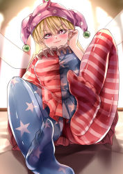 Rule 34 | 1girl, absurdres, american flag dress, american flag legwear, blonde hair, blush, closed mouth, clownpiece, commentary request, feet, foot focus, full body, hair between eyes, hat, highres, jester cap, looking at viewer, mahoro (minase mahoro), neck ruff, pantyhose, pink eyes, purple hat, solo, toes, touhou