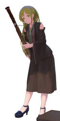 Rule 34 | 1girl, alternate costume, bassoon, black skirt, blue footwear, check instrument, closed mouth, detached sleeves, green eyes, green hair, green neckwear, hair ornament, high heels, holding, holding instrument, instrument, jq, kochiya sanae, leaning forward, long hair, long skirt, long sleeves, looking at viewer, no socks, shoes, skirt, smile, solo, standing, touhou, wide sleeves