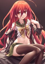 Rule 34 | 1girl, alastor (shakugan no shana), bed sheet, black background, black thighhighs, blazer, blush, bow, bowtie, collarbone, green skirt, groin, hair between eyes, highres, jacket, jewelry, ks (xephyrks), long hair, long sleeves, looking at viewer, midriff, miniskirt, navel, off shoulder, parted lips, pendant, red eyes, red hair, sailor collar, school uniform, serafuku, shakugan no shana, shana, shirt, sitting, skirt, solo, thighhighs, very long hair, white shirt, yellow bow, yellow bowtie