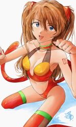 Rule 34 | 1girl, :3, adapted costume, animal ears, artist request, ass, bare arms, bare legs, bikini, blue eyes, breasts, brown hair, cat ears, fake tail, highres, kneeling, long hair, looking at viewer, medium breasts, neon genesis evangelion, plugsuit, red bikini, shiny clothes, shiny skin, simple background, sitting, skin tight, smile, solo, souryuu asuka langley, swimsuit, tail, two side up, white background