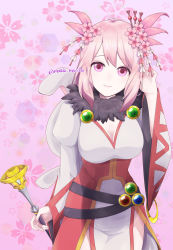 Rule 34 | 1girl, absurdres, blush, breasts, closed mouth, commentary request, cowboy shot, dress, flower, gold trim, hair flower, hair ornament, hair stick, highres, holding, holding staff, juliet sleeves, large breasts, long dress, long hair, long sleeves, looking at viewer, official alternate costume, pelvic curtain, pink background, pink eyes, pink flower, pink hair, puffy sleeves, ragnarok online, red dress, smile, solo, sorcerer (ragnarok online), staff, stuffed animal, stuffed rabbit, stuffed toy, twitter username, two-tone dress, warabi ne, white dress, wide sleeves