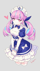 Rule 34 | 1girl, ahoge, anchor, blue bow, blue dress, blue hair, blue ribbon, bow, braid, breasts, cleavage, closed mouth, colored inner hair, commentary, cropped legs, dress, fang, fang out, grey background, hair ribbon, heart, highres, hololive, litsvn, long hair, maid headdress, medium breasts, minato aqua, minato aqua (1st costume), multicolored hair, pink hair, puffy short sleeves, puffy sleeves, ribbon, ringlets, short sleeves, signature, simple background, smile, solo, streaked hair, twintails, two-tone hair, very long hair, virtual youtuber