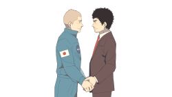 Rule 34 | 2boys, afro, black hair, black pants, black suit, blonde hair, blue pants, brothers, eye contact, facial hair, formal, highres, holding hands, kani6850, long sleeves, looking at another, male focus, multiple boys, nanba hibito, nanba mutta, nasa logo, necktie, pants, profile, red necktie, short hair, siblings, simple background, smile, standing, stubble, suit, uchuu kyoudai, uniform, white background
