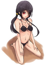 Rule 34 | 10s, 1girl, barefoot, bikini, black bikini, black hair, breasts, cleavage, collaboration, colorfag, colorized, date a live, demstouts, drawfag, front-tie bikini top, front-tie top, hair over one eye, heterochromia, kneeling, long hair, looking at viewer, navel, red eyes, simple background, solo, swimsuit, tokisaki kurumi, twintails, underboob, white background, yellow eyes
