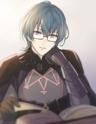 Rule 34 | 1boy, blue hair, book, byleth (fire emblem), byleth (male) (fire emblem), fire emblem, fire emblem: three houses, glasses, gloves, green hair, holding, holding paper, looking at viewer, male focus, nintendo, paper, portrait, purple eyes, shinkanoshin, smile, solo