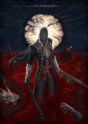 Rule 34 | 1boy, blood, bloodborne, copyright name, corpse, helmet, highres, hunter (bloodborne), long hair, male focus, mask, solo focus, the old hunters, weapon, white hair