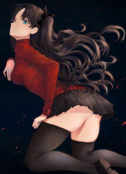 Rule 34 | 1girl, absurdres, ass, black background, black ribbon, black skirt, command spell, fate/stay night, fate (series), highres, loafers, long hair, panties, panty peek, pigone, ribbon, shoes, skirt, thighhighs, thighs, tohsaka rin, turtleneck, twintails, type-moon, underwear, white panties