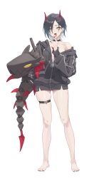 Rule 34 | 1girl, absurdres, azur lane, barefoot, black choker, black hair, black jacket, black nails, breasts, candy, choker, cleavage, collarbone, commentary, cross, ear piercing, feet, food, full body, gluteal fold, hair between eyes, highres, holding, holding candy, holding food, holding lollipop, holding stuffed toy, horns, iron cross, jacket, legs, lollipop, long sleeves, looking up, medium breasts, multicolored hair, nail polish, naked jacket, off shoulder, open mouth, parted bangs, piercing, red horns, short hair, sidelocks, simple background, single bare shoulder, skindentation, solo, spiked choker, spikes, standing, stuffed toy, teeth, thigh strap, toenail polish, toenails, toes, tongue, tongue piercing, tongue tattoo, ulrich von hutten (azur lane), upper teeth only, white background, white hair, yellow eyes, zipper, zipper pull tab, zzzearly