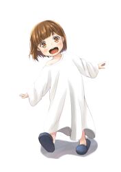 Rule 34 | 1girl, :o, absurdres, blush, brown eyes, brown hair, buddy daddies, child, grey footwear, hair ornament, hairclip, happy, highres, kanamus, looking at viewer, oversized clothes, oversized shirt, shirt, short hair, simple background, slippers, solo, unasaka miri, white background, white shirt