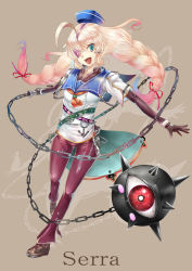 Rule 34 | 1girl, ahoge, aqua eyes, ball and chain (weapon), bell-bottoms, blonde hair, blush stickers, braid, chain, character name, eyepatch, flail, gloves, gradient hair, hair ribbon, hat, highres, long hair, multicolored hair, one-eyed, one eye covered, open mouth, pants, pink hair, red eyes, ribbon, serra (shift: sekai wa clear wo matteriru), shift: sekai wa clear wo matteriru, single eye, solo, sts, twin braids, weapon