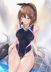 Rule 34 | 1girl, atelier (series), atelier ryza, atelier ryza 1, bare shoulders, black footwear, black ribbon, blue one-piece swimsuit, blush, breasts, brown eyes, brown hair, collarbone, competition swimsuit, covered navel, goggles, goggles around neck, hair ornament, hair ribbon, hairclip, highleg, highleg swimsuit, jewelry, large breasts, long hair, looking at viewer, medium breasts, necklace, one-piece swimsuit, open mouth, parfaitlate, poolside, reisalin stout, ribbon, shoes, unworn shoes, short hair, sitting, smile, solo, star (symbol), star necklace, swimsuit, thighs