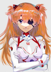 Rule 34 | 1girl, absurdres, bodysuit, brown hair, cowboy shot, evangelion: 3.0+1.0 thrice upon a time, eyepatch, hair over one eye, highres, interface headset, long hair, looking at viewer, neon genesis evangelion, open mouth, plugsuit, rebuild of evangelion, red background, smile, solo, souryuu asuka langley, tongue, two side up, white bodysuit