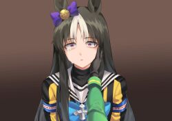 Rule 34 | 1girl, animal ears, armband, black gloves, black hair, blue armband, blue bow, blue bowtie, bow, bowtie, brown background, commentary, cross ornament, crying, crying with eyes open, ear bow, fukuro (maruaru00), genderswap, genderswap (mtf), gloves, gradient background, hands on another&#039;s face, highres, horse ears, horse girl, light brown hair, long hair, long sleeves, looking at viewer, multicolored hair, original, personification, pov, pov hands, purple bow, purple eyes, sailor collar, silence suzuka (umamusume), solo focus, stay gold (racehorse), streaming tears, tears, two-tone hair, umamusume, white sailor collar