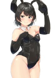 Rule 34 | 1girl, absurdres, animal ears, bare legs, black eyes, black gloves, black hair, black leotard, blunt bangs, blush, breasts, cleavage, commentary request, covered navel, detached collar, elbow gloves, gloves, highres, leotard, looking at viewer, original, playboy bunny, plump, rabbit ears, shinonon (iso shino), short hair, simple background, small breasts, smile, solo, standing, white background