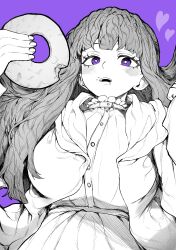 Rule 34 | 1girl, absurdres, blunt bangs, breasts, buttons, doughnut, dress, fern (sousou no frieren), food, greyscale, highres, holding, holding food, large breasts, long hair, monochrome, purple background, purple eyes, saliva, simple background, solo, sousou no frieren, spot color, yotsumi shiro