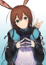 Rule 34 | 1girl, absurdres, amiya (arknights), animal ears, aqua background, aqua eyes, arknights, black jacket, brown hair, closed mouth, collar, commentary, eyelashes, fingers together, frilled collar, frilled shirt collar, frills, gradient background, hair between eyes, head tilt, highres, jacket, jewelry, komori (littleforest946), long hair, long sleeves, looking at viewer, multiple rings, neck ring, rabbit, rabbit ears, ribbed shirt, ring, shirt, simple background, smile, solo, straight hair, upper body, white background, white shirt