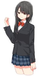 Rule 34 | 1girl, arm at side, black hair, black jacket, blazer, blue skirt, bow, bowtie, breasts, brown eyes, closed mouth, collared shirt, cropped legs, hand up, highres, jacket, long hair, long sleeves, looking at viewer, matsuda hikari, miniskirt, original, pleated skirt, red bow, red bowtie, shirt, simple background, skirt, small breasts, smile, solo, white background, white shirt