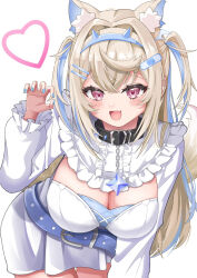 Rule 34 | 1girl, animal ear fluff, animal ears, belt, belt collar, black collar, blonde hair, blue belt, blue hair, blue nails, blush, breasts, claw pose, cleavage, cleavage cutout, clothing cutout, collar, dog ears, dog girl, dog tail, dress, fang, fuwawa abyssgard, fuwawa abyssgard (1st costume), heart, highres, hiiragi melt, hololive, hololive english, large breasts, long hair, looking at viewer, nail polish, open mouth, sidelocks, skin fang, smile, solo, tail, two side up, virtual youtuber, white background, white dress