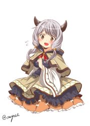 Rule 34 | 10s, 1girl, ;d, blush, breasts, brown eyes, capelet, draph, female focus, flying sweatdrops, granblue fantasy, horns, kumuyu, large breasts, long sleeves, low twintails, one eye closed, open mouth, shirt, signature, silver hair, skirt, smile, solo, twintails, twitter username, wide sleeves, yua (checkmate)