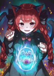 Rule 34 | 1girl, ahase hino, animal ear fluff, animal ears, black bow, bow, braid, cat ears, cat tail, dress, fangs, frills, green dress, hair bow, highres, hitodama, kaenbyou rin, long sleeves, multiple tails, nekomata, red eyes, red hair, skull, solo, tail, touhou, twin braids, two tails