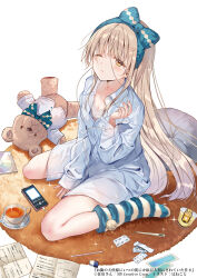 Rule 34 | 1girl, argyle, arm support, between legs, blue bow, blue bowtie, blue hairband, bow, bowtie, brown eyes, cd, cd case, collared shirt, cup, digital media player, digital thermometer, dot nose, dress shirt, drink, earphones, eraser, food, full body, hair ornament, hairband, hairclip, hand between legs, hand up, hanekoto, highres, holding, holding earphones, indoors, lace trim, light brown hair, listening to music, long hair, long sleeves, looking at viewer, looking up, medicine, no pants, no shoes, official art, on floor, one eye closed, otonari no tenshi-sama ni itsu no mani ka dame ningen ni sarete ita ken, oversized clothes, oversized shirt, paper, parted lips, pencil, pill, pillow, pom pom (clothes), pudding, rug, saucer, shiina mahiru (otonari no tenshi-sama), shirt, single earphone removed, sitting, socks, solo, sparkle, straight hair, striped clothes, striped socks, stuffed animal, stuffed toy, sugar cube, tea, teacup, teddy bear, thermometer, very long hair, wariza, white background, wing collar, wing hair ornament