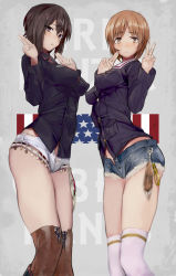 Rule 34 | 10s, 2girls, american flag, text background, bad id, bad pixiv id, black jacket, blue jacket, blue shorts, blush, brown eyes, brown hair, brown legwear, chaps, clonebody, commentary request, denim, denim shorts, embarrassed, flag background, from side, frown, girls und panzer, impossible clothes, impossible jacket, jacket, kuromorimine military uniform, long sleeves, military, military uniform, multiple girls, nishizumi maho, nishizumi miho, ooarai military uniform, over-kneehighs, print legwear, short hair, short shorts, shorts, siblings, sisters, skindentation, smile, standing, sweatdrop, thighhighs, unbuttoned, uniform, white legwear, white shorts