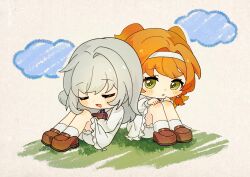Rule 34 | 2girls, absurdres, book, brown footwear, chibi, closed eyes, cloud, collared dress, dress, drooling, fighting yupao, grass, green eyes, grey hair, hair bun, hairband, highres, holding, holding book, loafers, long sleeves, looking at another, looking to the side, mouth drool, multiple girls, on grass, orange hair, paper texture, parted lips, reverse:1999, shoes, shorts, shorts under dress, single side bun, sitting, sketch background, sleeping, socks, sonetto (reverse:1999), two side up, vertin (reverse:1999), white background, white dress, white hairband, white shorts, white socks