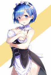 Rule 34 | 1girl, absurdres, apron, bare arms, bare shoulders, black dress, black ribbon, blue eyes, blue hair, blush, bow, breasts, cleavage, collar, commentary request, commission, contrapposto, covering privates, covering breasts, cowboy shot, detached sleeves, dress, dress bow, frilled apron, frilled collar, frilled dress, frills, hair ornament, hair over one eye, hair ribbon, highres, looking at viewer, m.tokotsu, maid, maid headdress, medium breasts, open mouth, pixiv commission, re:zero kara hajimeru isekai seikatsu, red ribbon, rem (re:zero), ribbon, roswaal mansion maid uniform, short hair, smile, solo, waist apron, wet, wet clothes, white background, white bow, x hair ornament, yellow background