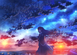 Rule 34 | 1girl, apartment, bag, black hair, black jacket, black skirt, building, city, cityscape, cloud, constellation, door, evening, hair blowing, highres, jacket, kenzo 093, lens flare, long sleeves, mountain, mountainous horizon, original, outstretched arms, parted lips, purple eyes, railing, red neckwear, scenery, school bag, school uniform, shirt, skirt, sky, skyscraper, solo, star (sky), starry sky, sun, sunset, white shirt, window