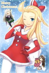 Rule 34 | 3girls, agnes oblige, ahoge, alternate costume, bag, blonde hair, blue eyes, box, bravely default: flying fairy, bravely default (series), bravely second: end layer, breasts, brown hair, chibi, christmas, cleavage, edea lee, flower, gift, gift box, hair ornament, irino, jewelry, long hair, magnolia arch, multiple girls, necklace, one eye closed, pantyhose, ribbon, santa costume, smile, white hair, wink