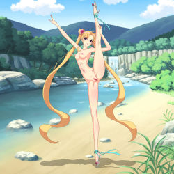 Rule 34 | 1girl, absurdly long hair, armpits, bad id, bad pixiv id, bishoujo senshi sailor moon, blonde hair, blue eyes, blush, breasts, clitoris, cloud, day, female focus, forest, full body, high heels, highres, leg up, long hair, nail polish, nature, navel, nipples, nude, outdoors, pussy, river, sandals, sky, small breasts, solo, split, spread legs, spread pussy, standing, standing on one leg, toenail polish, toenails, tsukino usagi, twintails, uncensored, very long hair, water, waterfall, zimu jiang
