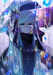 Rule 34 | 1girl, blue eyes, blue flower, blue jacket, blunt bangs, closed mouth, commentary request, evil smile, falling flower, flower, hat, highres, jacket, long hair, looking at viewer, nemophila (flower), original, sidelocks, signature, smile, solo, ukumituki, upper body, water, white hair, white hat, witch, witch hat
