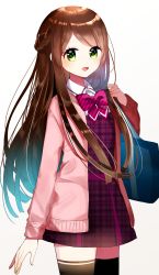 Rule 34 | 1girl, :d, arm at side, bad id, bad pixiv id, bag, bow, braid, brown hair, green eyes, handbag, highres, jacket, long hair, looking at viewer, mosu2, open mouth, original, pink bow, pink jacket, plaid, school uniform, smile, solo, standing, striped, striped bow, thighhighs, unmoving pattern, very long hair