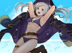 Rule 34 | 1girl, bikini, boots, breasts, day, fire emblem, fire emblem awakening, fire emblem heroes, full body, gloves, hood, jumping, kyufe, long hair, looking at viewer, nintendo, o-ring, o-ring bikini, open mouth, robin (female) (fire emblem), robin (fire emblem), sky, smile, solo, swimsuit, twintails, white hair, yellow eyes
