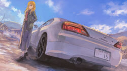 Rule 34 | 1girl, black footwear, blonde hair, blue skirt, blue sky, car, cloud, commentary request, day, full body, green jacket, jacket, license plate, long hair, long sleeves, looking at viewer, momo hiki, motor vehicle, nissan, nissan silvia, original, outdoors, red shirt, shirt, shoes, skirt, sky, socks, solo, standing, tail lights, vehicle focus, white socks