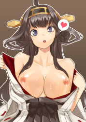 Rule 34 | 10s, 1girl, :o, bad id, bad pixiv id, breasts, breasts out, brown hair, heart, highres, houmatu awa, it&#039;s ok to touch, kantai collection, kongou (kancolle), large breasts, long hair, nipples, nontraditional miko, off shoulder, solo, spoken heart, undressing