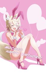 Rule 34 | 1girl, absurdres, animal ear fluff, animal ears, blonde hair, bow, bowtie, breasts, detached collar, dog ears, dog girl, dog tail, fake animal ears, hair ornament, happy birthday, hashiguchi hayato, highres, hololive, hololive english, leotard, medium breasts, mococo abyssgard, multicolored hair, pink hair, playboy bunny, rabbit ears, small breasts, solo, streaked hair, tail, virtual youtuber, x hair ornament