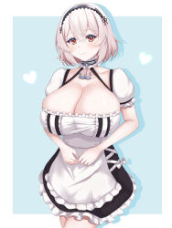 Rule 34 | 1girl, absurdres, anchor choker, anchor symbol, apron, azur lane, blue background, breasts, brown dress, comotaro, cowboy shot, dress, frilled apron, frilled dress, frills, hairband, heart, highres, huge breasts, lace-trimmed hairband, lace trim, light smile, looking at viewer, maid, puffy short sleeves, puffy sleeves, red eyes, short dress, short hair, short sleeves, simple background, sirius (azur lane), solo, two-tone dress, waist apron, white apron, white dress, white hair