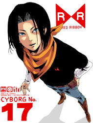 Rule 34 | 1boy, android 17, belt, black hair, black shirt, blue eyes, boots, character name, copyright name, dragon ball, dragonball z, expressionless, hand on own hip, kerchief, long sleeves, looking at viewer, male focus, open mouth, pants, red ribbon army, shirt, short hair, simple background, solo, solo focus, white background, yuraku