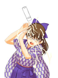 Rule 34 | 1girl, a1 (initial-g), arms up, bashamichi, brown hair, closed eyes, cum, female focus, glasses, japanese clothes, open mouth, simple background, solo, suggestive fluid, white background, yagasuri