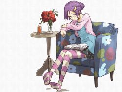 Rule 34 | 1girl, alternate costume, alternate hairstyle, bespectacled, blue eyes, blush, book, casual, chair, crescent, crescent hair ornament, female focus, flower, glasses, hair bun, hair ornament, looking at viewer, open book, patchouli knowledge, purple hair, rose, shibasaki shouji, short hair, single hair bun, sitting, solo, striped clothes, striped thighhighs, thighhighs, touhou, vase, white background