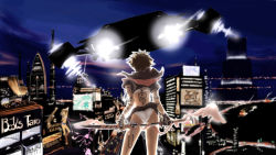 Rule 34 | ass, back, brown hair, city, gloves, highres, lingerie, panties, solo, sword, tattoo, ufo, underwear, wallpaper, weapon, yuzmit
