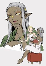 Rule 34 | 2girls, anklet, arm tattoo, bare shoulders, barefoot, book, bracelet, breasts, can o29, choker, cithis, cleavage, cloak, crossed legs, dark-skinned female, dark elf, dark skin, dress, dungeon meshi, earrings, elf, eyeshadow, facial mark, forehead mark, gorget, green cloak, grey eyes, grey hair, hand on own face, highres, holding, holding book, jewelry, lipstick, long hair, looking at another, looking at viewer, makeup, multiple earrings, multiple girls, notched ear, on stool, open mouth, otta (dungeon meshi), pointy ears, red lips, ring, short hair, simple background, sitting, sleeveless, smile, strapless, strapless dress, tattoo, tunic, very short hair, white dress, yellow background