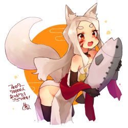 Rule 34 | 1girl, animal ear fluff, animal ears, bare shoulders, black choker, black gloves, blush, breasts, choker, dress, elbow gloves, facial mark, fish, fox ears, fox girl, fox tail, gloves, grey hair, highres, holding, long hair, no panties, open mouth, orange eyes, stuffed toy, resized, rimukoro, sewayaki kitsune no senko-san, shiro (sewayaki kitsune no senko-san), short eyebrows, signature, simple background, small breasts, smile, solo, strapless, tail, thick eyebrows, thighhighs, thighs, upscaled, waifu2x, white dress