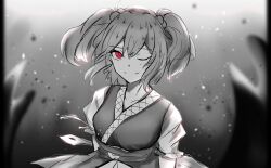 Rule 34 | 1girl, ;), blurry, blurry background, closed mouth, commentary, english commentary, hair bobbles, hair ornament, highres, lightgrazer, looking at viewer, monochrome, one eye closed, onozuka komachi, partially colored, smile, solo, touhou, two side up, upper body
