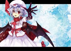 Rule 34 | 1girl, akisome hatsuka, arm at side, bat wings, dress, elbow gloves, fang, gloves, hair between eyes, hat, light purple hair, mob cap, open mouth, pink dress, puffy short sleeves, puffy sleeves, reaching, reaching towards viewer, red eyes, remilia scarlet, scarf, short hair, short sleeves, solo, touhou, wings, winter clothes