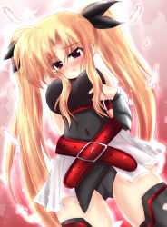 Rule 34 | 00s, 1girl, arm guards, bare shoulders, belt, black thighhighs, blonde hair, blush, breasts, covered navel, fate testarossa, fate testarossa (lightning form), feathers, hair ribbon, large breasts, long hair, lyrical nanoha, mahou shoujo lyrical nanoha, mahou shoujo lyrical nanoha a&#039;s, mahou shoujo lyrical nanoha strikers, parted bangs, red eyes, ribbon, shaian, skin tight, solo, thighhighs, twintails, very long hair, zettai ryouiki