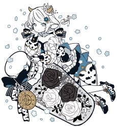 Rule 34 | 1girl, absurdres, animal ears, animal print, ankle boots, artist name, bare legs, bare shoulders, black bow, black dress, black flower, black footwear, blue flower, boots, bottle, bow, closed mouth, colored skin, cow ears, cow girl, cow horns, cow print, crown, dress, elina (e2n04n), flower, full body, glass bottle, gold trim, grey eyes, hair bow, hair flower, hair ornament, hand on own face, heart, high heel boots, high heels, highres, horns, limited palette, long hair, long sleeves, looking at viewer, multicolored bow, multicolored clothes, multicolored dress, multicolored footwear, off-shoulder dress, off shoulder, original, print bow, print dress, print footwear, puffy long sleeves, puffy sleeves, roman numeral, rose, simple background, smile, solo, thank you, white bow, white dress, white flower, white footwear, white hair, white skin