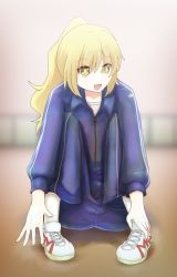 Rule 34 | 1girl, :d, alternate costume, alternate hairstyle, blonde hair, commentary, contemporary, kirisame marisa, mochi547, open mouth, ponytail, shoes, smile, sneakers, solo, star (symbol), star print, stretching, touhou, track suit, yellow eyes